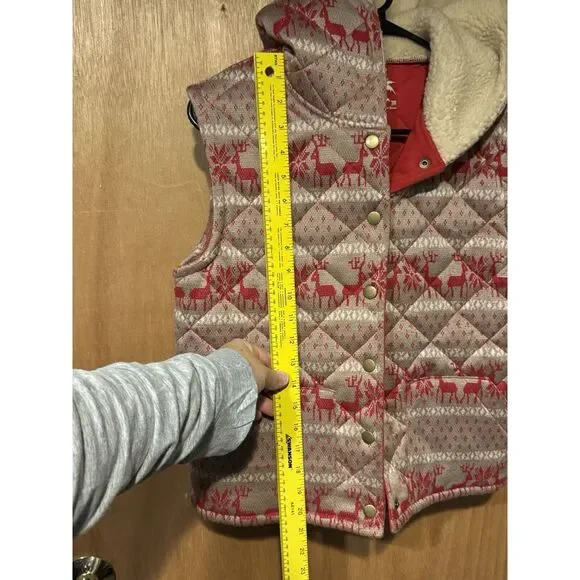 Free People Women Reindeer Hooded Quilted Red Beige Vest‎ Med Christmas - Picture 4 of 6
